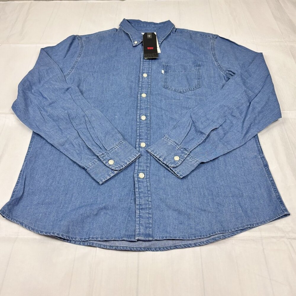 Levis Mens Long-Sleeve Denim Button-Down Shirt Size L Tencel Blend Light Blue